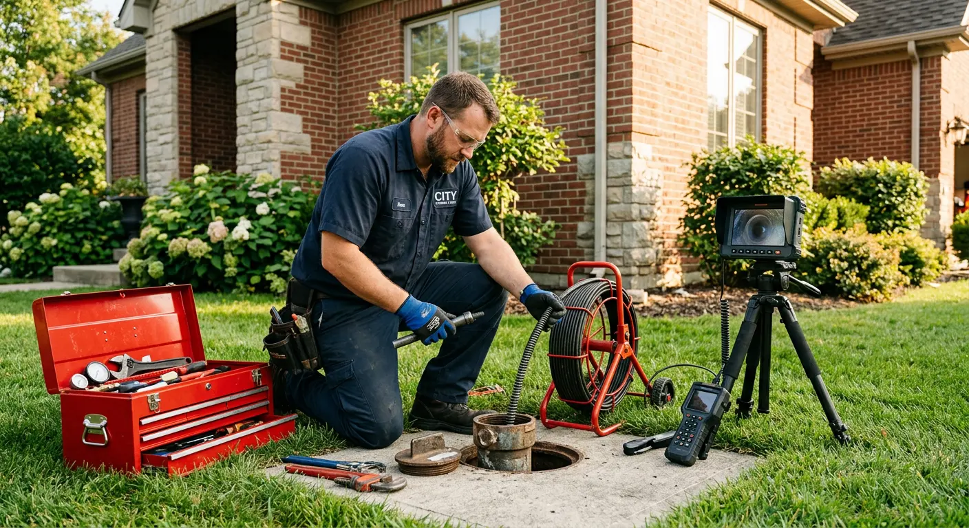 Sewer specialist with camera equipment servicing a cleanout in Pewaukee