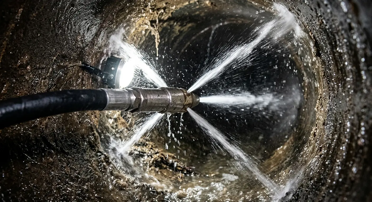 High-pressure hydro jetting nozzle cleaning sewer pipe for Storm Drain Cleaning in Pewaukee