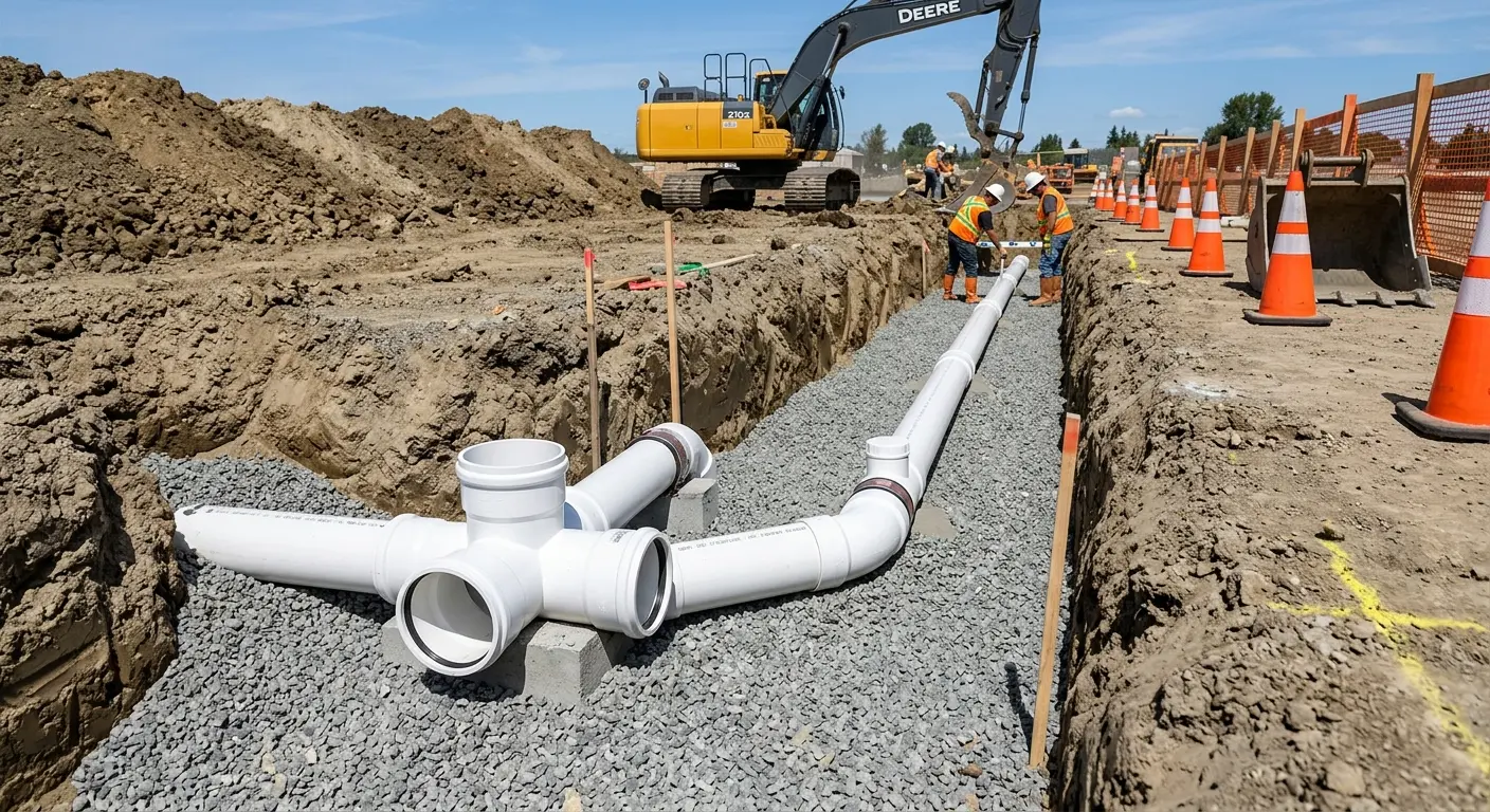 New PVC sewer pipe installation in open trench for Sewer Backup in Pewaukee