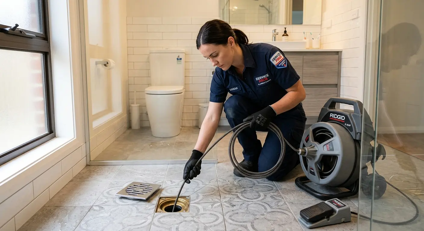 Technician clearing a bathroom floor drain for Drain Cleaning in Pewaukee